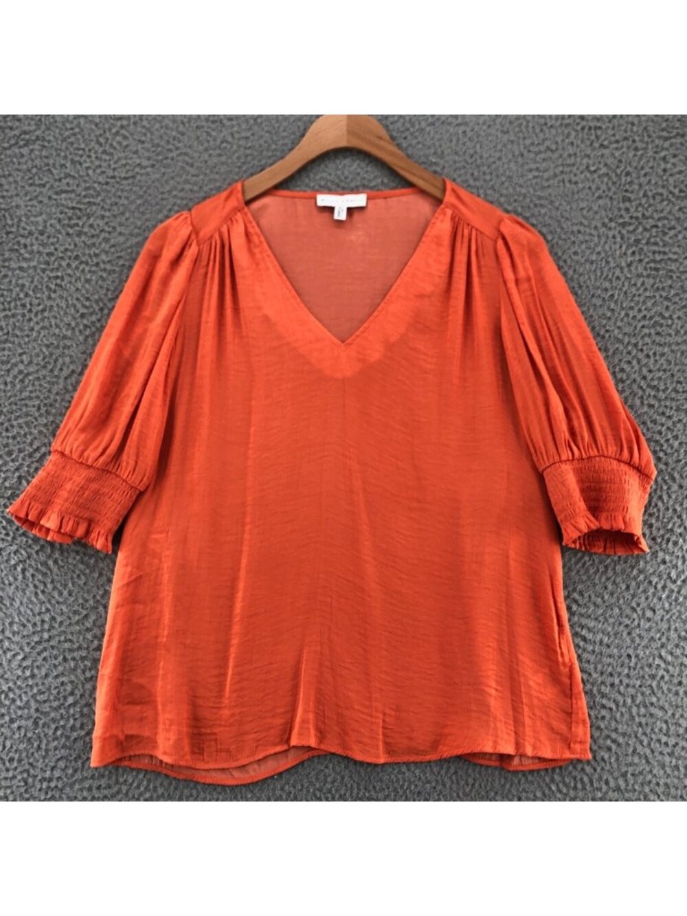 Maison d'Amelie Top Womens Small Orange Smocked 1/2 Puff Sleeves V Neck Blouse